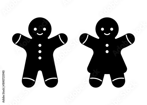 Black gingerbread man and woman cookies icon. Simple Christmas bakery symbols for holiday graphic design. Vector illustration