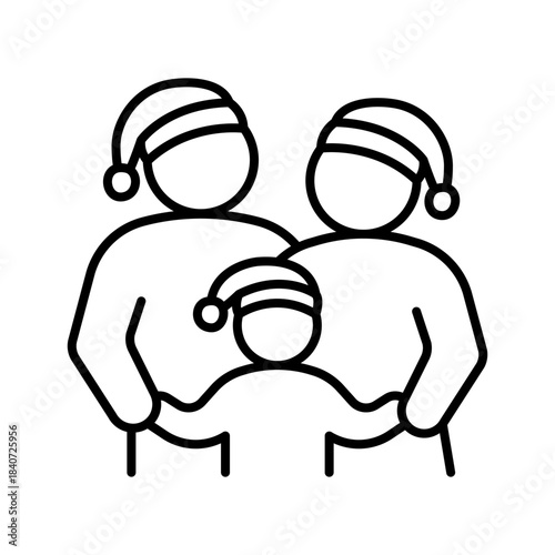 Family with child in Santa hat on Christmas, line icon. Kid with father and mother, parents on holiday. Happy family together in new year. Vector outline illustration