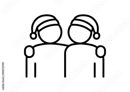 Two people icon with Santa hat, representing friendship and festive celebration. Partner support for holiday or Christmas greeting. Vector illustration