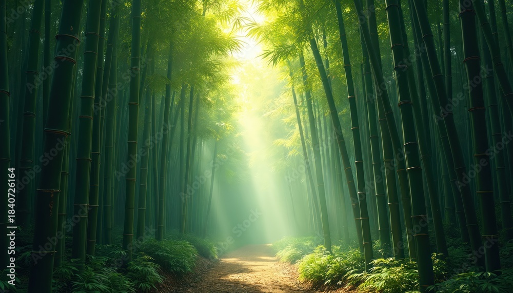 Fototapeta premium Path leads through dense bamboo forest. Tall green stalks create natural tunnel with sunlight streaming through canopy. Rich foliage lines ground.