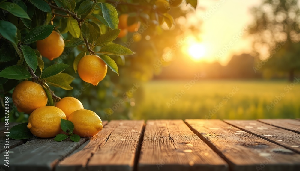 Naklejka premium Ripe yellow lemons hang from a tree branch beside a rustic wooden table. Soft golden hour sunlight illuminates a green meadow and distant trees.