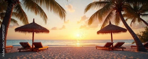 Palm trees on tropical beach at sunset. Empty lounge chairs and thatched umbrellas face calm ocean waves. Golden hour light illuminates sandy coast inviting relaxation and leisure.
