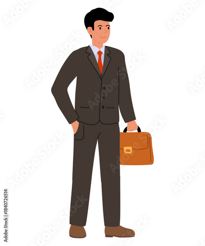 Businessman in gray business suit standing and holding briefcase in his hand. Business man. Collection of professions.