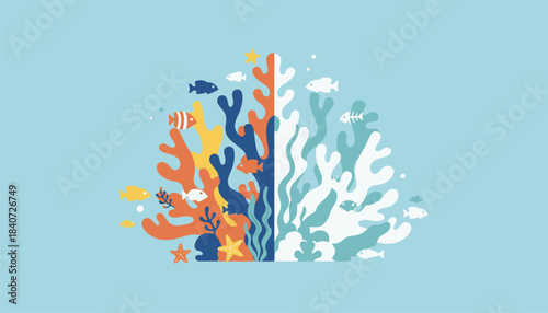 A vibrant coral reef teeming with life contrasted with a bleached reef showcasing the impact of ocean acidification and warming waters.