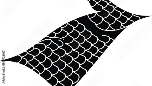 Black fish scale pattern illustration on white background, modern textile design element, abstract animal skin texture