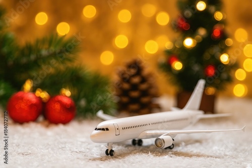 Christmas travel concept with airplane and festive decorations selective focus background