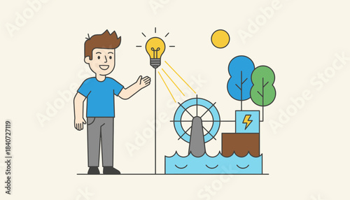 A student explaining his project on renewable energy gesturing at a homemade water wheel model that converts flow into electrical power.