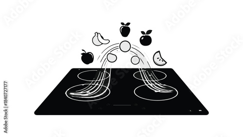 Modern induction cooktop with flying fruits and vegetables healthy cooking concept kitchen appliance technology