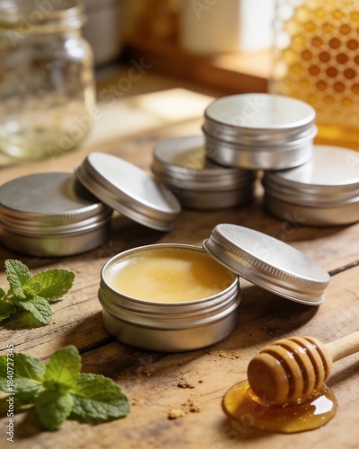 A jar of honey sits on a wooden table next to jars of homemade lip balm