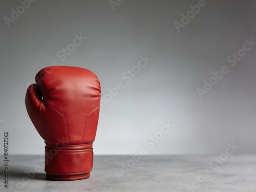 A red boxing glove sits on a grey surface
