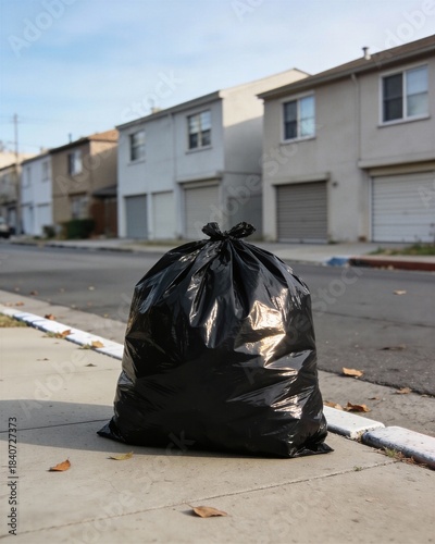 A black trash bag is sitting on the sidewalk in front of a house