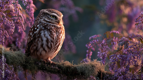 Little owl perched on a branch surrounded by purple wisteria flowers