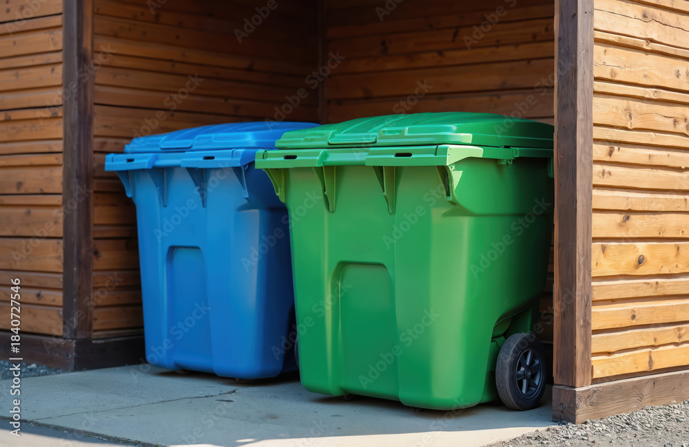 Fototapeta premium Two large recycling bins, one blue and one green, stand side by side in a wooden shelter. They are used for waste disposal and managing household garbage. The containers are for collection.