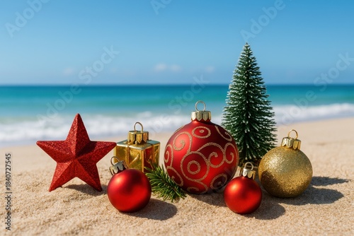 Christmas ornaments and baubles arranged in sand on sunny beach festive tropical holiday scene