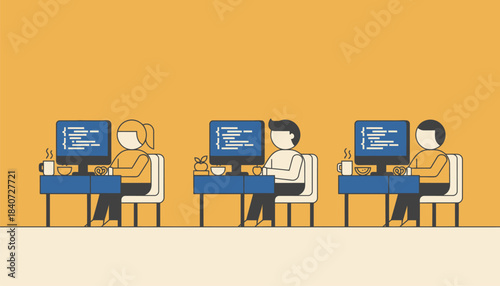 A vibrant classroom filled with computer monitors displaying lines of code with coffee cups and snacks tered around.