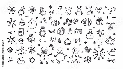 Hand-drawn doodle animation with alpha channel on transparent background including winter objects, cute characters, snowflakes, ornaments and festive details.