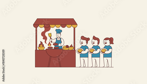 An outdoor grill booth featuring juicy burgers with a chef expertly flipping patties and lifelong fans eagerly awaiting their favorite fixings.