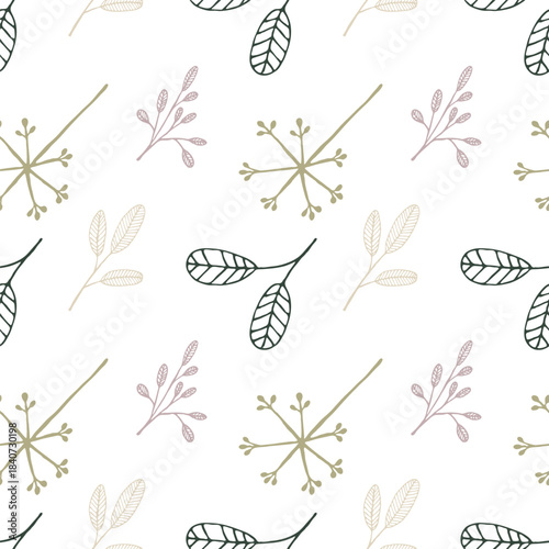 Seamless pattern with various plant elements, leaves, flowers arranged diagonally. Design with winter plants for wallpaper.