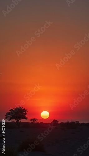 Vibrant sunset paints desert sky with orange and red hues. Silhouetted acacia trees and sparse bushes stand against sun setting over the ocean horizon. Serene natural landscape at dusk.