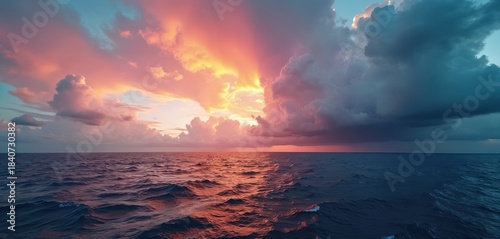 Ocean expanse under dramatic sky with vibrant sunset colors and stormy clouds. Rippling water reflects warm light near horizon. Peaceful seascape panorama.