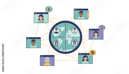 A virtual meeting a activists from multiple continents discussing strategies to combat racism highlighting global cooperation and connection.