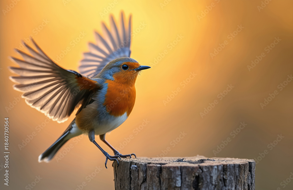 Fototapeta premium bird lands on wooden stump with wide open wings. Orange breasted songbird stands on wood in natural environment. Wild animal takes flight prepares to fly in warm golden light at sunrise sunset time.