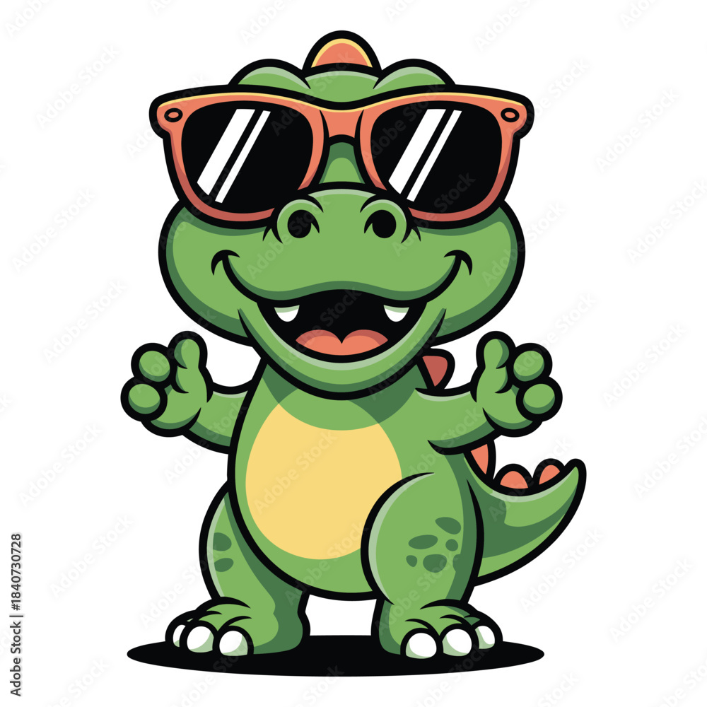 Obraz premium Cute cartoon dinosaur with cool sunglasses and a cheerful expression giving thumbs up, friendly green reptile character isolated on white background, perfect for kids and playful themes