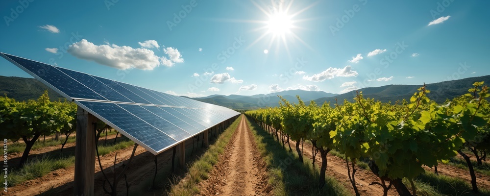 Fototapeta premium Solar panels installed in vineyard field with rows of grapevines. Sun shines brightly in clear blue sky with clouds. Rural landscape shows rolling hills.