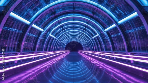 Fototapeta Naklejka Na Ścianę i Meble -  A futuristic tunnel illuminated with glowing purple and blue neon lights reflects on the floor, science fiction, technology, cyberspace, digital innovation, and the limitless world of imagination.