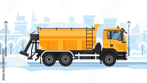 Salt truck spreading granular salt on icy roads, vector, background  