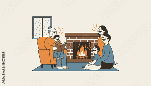 A family gathered around a fireplace on a rainy evening with a grandparent reading from an old storybook laughter and warmth surrounding them.