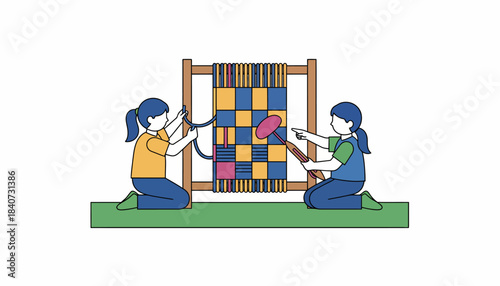 A group of children engaged in a group project weaving colorful yarn into a large communal tapestry.