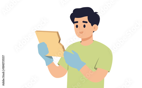 Man holding broken tile in gloves – home renovation problem illustration