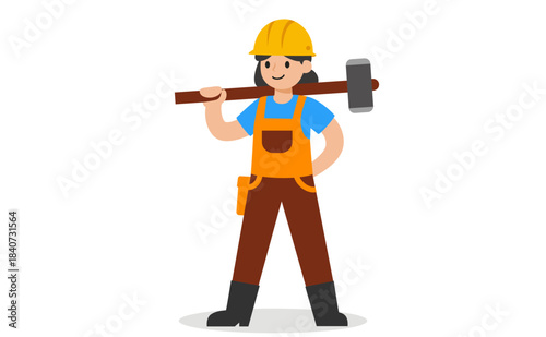 Woman holding sledgehammer smiling in hard hat – female construction worker illustration