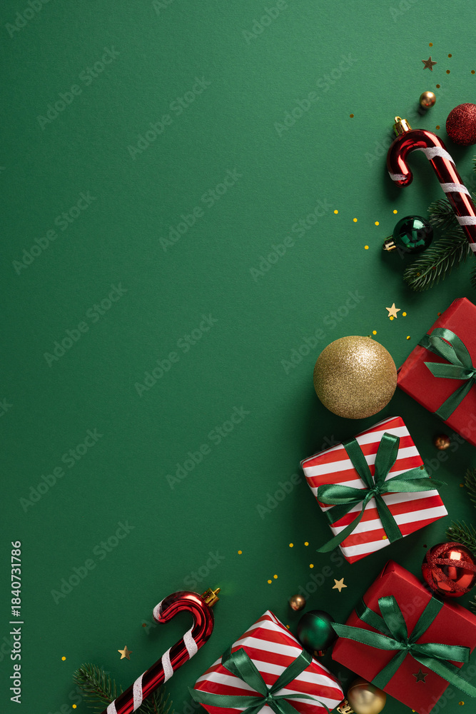 Fototapeta premium Festive vertical scene features wrapped gift boxes, candy cane, ornaments, and gold accents arranged along a green backdrop, perfect for Christmas, New Year, celebration, gift guide