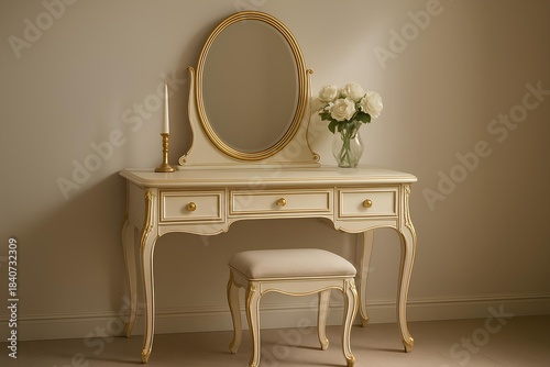 Elegant vanity table with gold accents and soft shadows