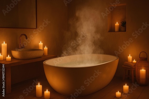 Spa inspired bathroom with candles and warm steam