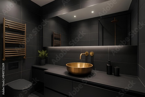 Modern bathroom with metallic accents, dark tiles, and large panoramic mirror