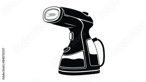 Black hair dryer with white outline, modern hair styling tool, salon equipment, beauty appliance, haircare device