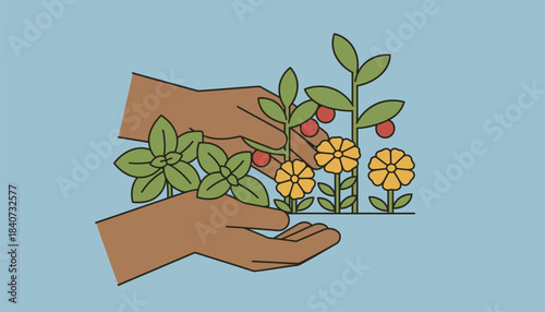 A closeup of a farmer demonstrating companion planting techniques with herbs and vegetables growing harmoniously together.