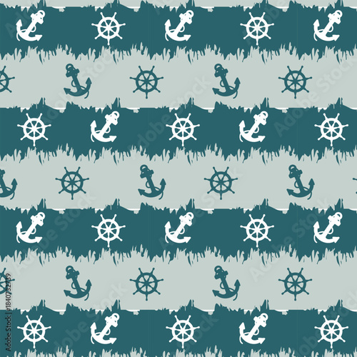Anchors and rudders arranged in a specific order.Vector seamless pattern with ship anchors and steering wheels on a striped background.