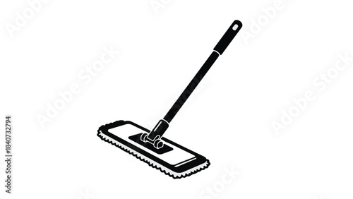 Black and white mop cleaning tool with long handle for household chores and janitorial services in simple illustration style