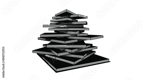 Stack of black laptops computers tower pile modern technology devices on white background