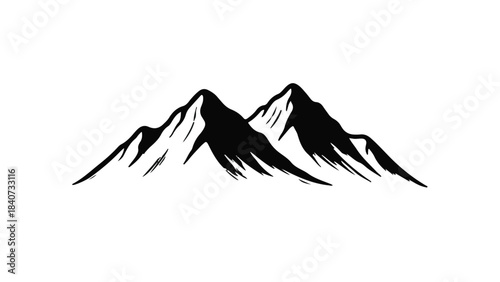 Simple black mountain range silhouette on white background, illustration of peaks and hills for design and decoration