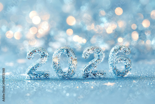 New Year Christmas background with numbers 2026 on pastel blue background with bokeh lights, rhinestones, and glitter, bright shiny background for greeting card. Happy New Year