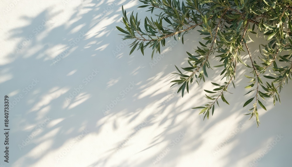 Naklejka premium Olive tree branches with green leaves cast shadows on a bright white wall. Sunlight creates dappled patterns on the textured surface, suggesting a warm Mediterranean day.