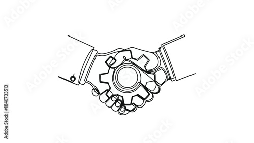 Partnership teamwork concept with two hands holding gear mechanism in minimalist line art style for business collaboration and industry innovation