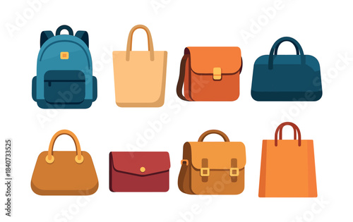 Fashion bags collection, backpacks, totes and purses, flat vector illustration