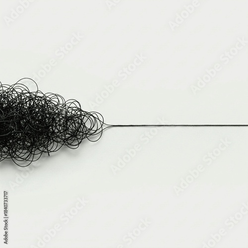Tangled and straight thread on white background (mindfulness)
