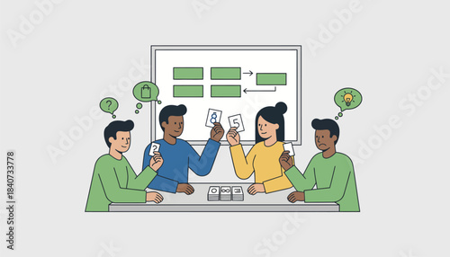 A sprint planning session where team members estimate user stories using planning poker cards to reach a consensus on task complexity.